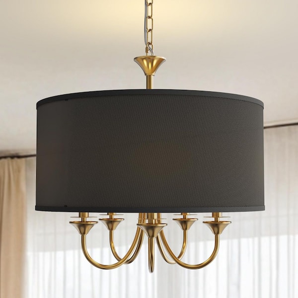 5-Light Modern Black and Gold Drum Chandelier with Fabric Shade and E12 for Dining Room, Living Room, and Kitchen