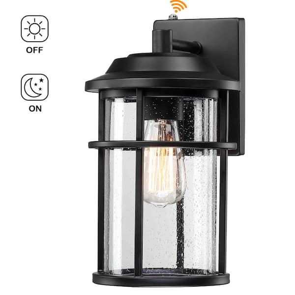 Pia Ricco 1-Light Black Porch Sconce Dusk to Dawn Outdoor Light Fixture Hardwired Lantern with No Bulbs Included