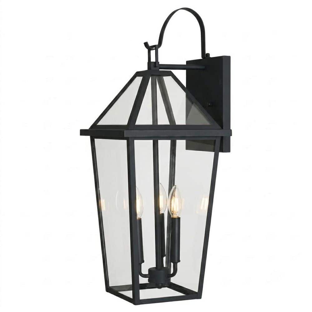 26 in. 3-Light Black Hardwired Large Outdoor Wall Lantern Porch Sconce with Dusk to Dawn Sensor and Clear Glass Shade price history on PriceWatchPro