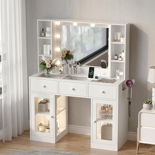1-piece White Particle Board Makeup Vanity Table with LED 3-color Dimmable Touch Square Mirror 2-Drawer 1-Door