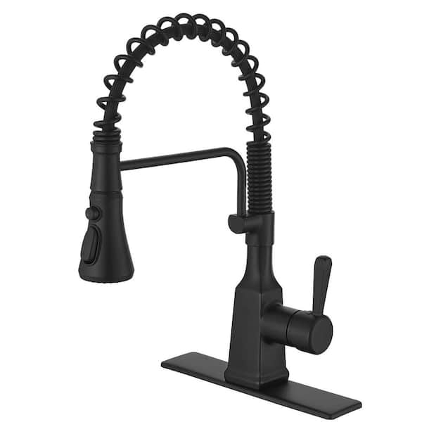 BWE Single-Handle Pull-Down Sprayer 3 Spray High Arc Kitchen Faucet With Deck Plate in Matte Black