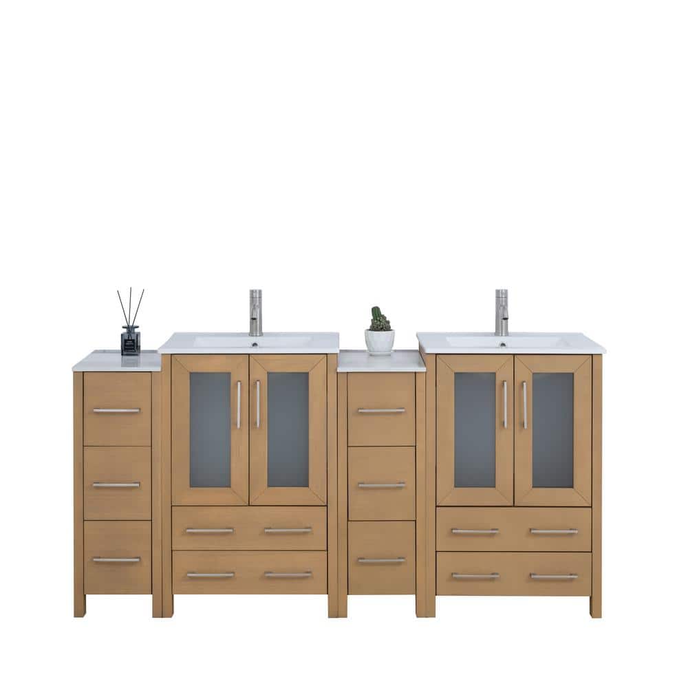 Natural Oak Double Sink Freestanding Bathroom Vanity Set with Ceramic Top and Mirror