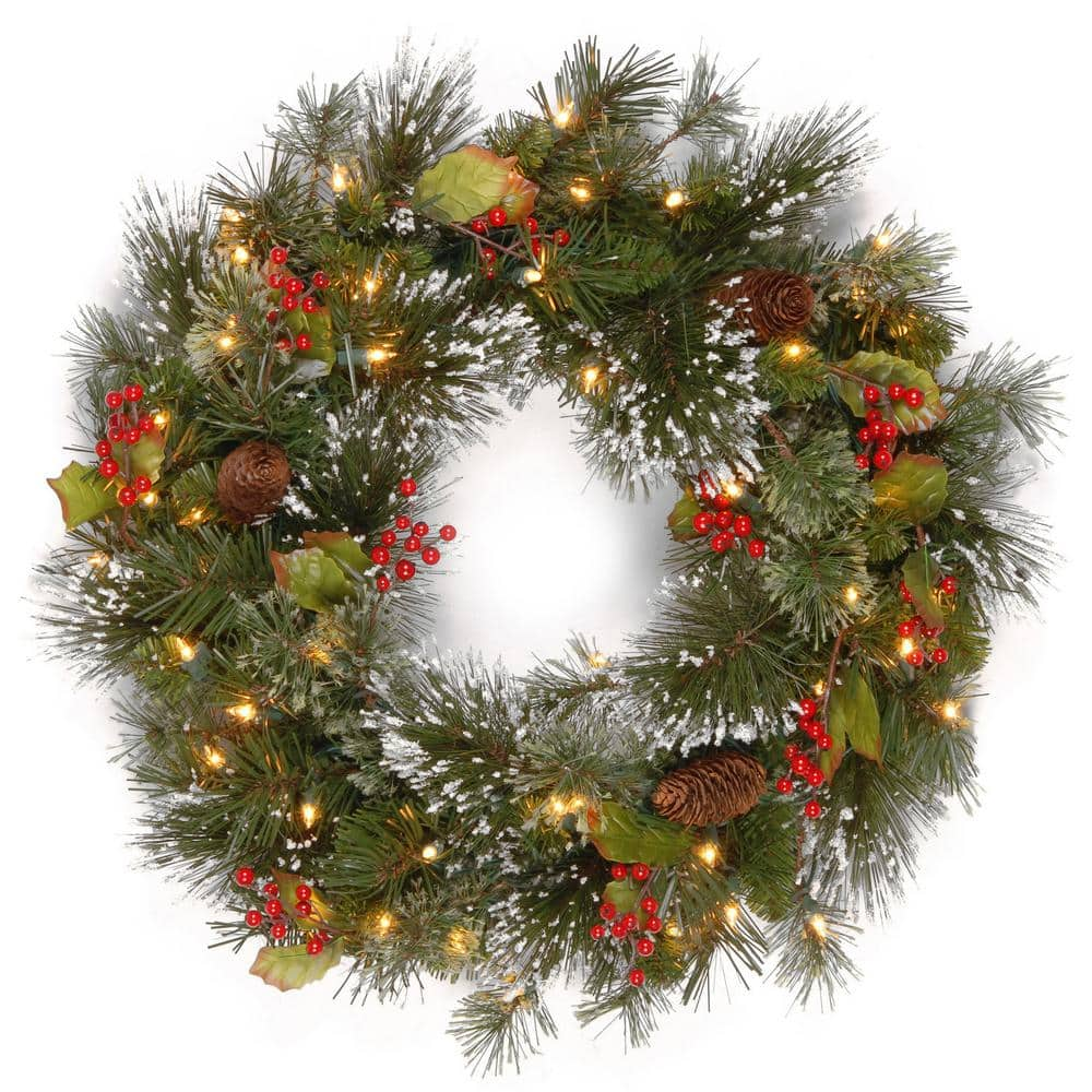 National Tree Company Pre-Lit Artificial Christmas Wreath  Green  Wintry Pine  Warm White Lights  LED  Battery Operated  Timer  Decorated with Pine Cones  Berry Clusters  Frosted Branches  24 Inches