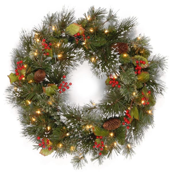 National Tree Company 24 in. Wintry Pine Artificial Wreath with Battery Operated Warm White LED Lights