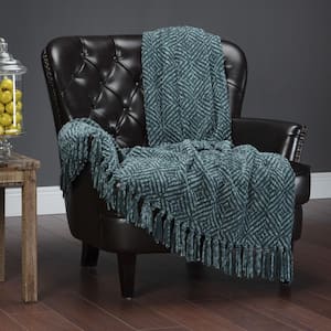 Chenille Teal Knit Diamond Textured Throw Blanket with Tassels, 50 x 65 in.