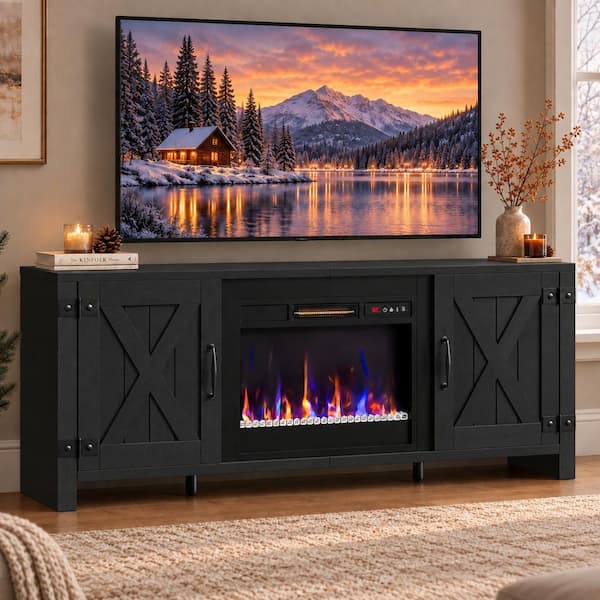 Farmhouse 63 in. Fireplace TV Stand for TVs Up to 70 in. Entertainment Center Electric Heater, Remote Control Black