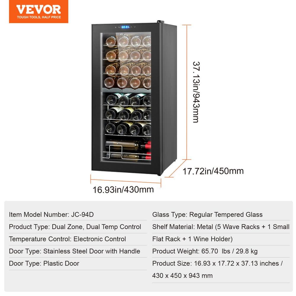 32-Bottle Black Dual Zone Freestanding Wine Cooler with Glass Door