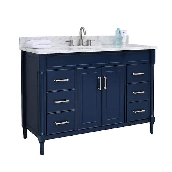 Bristol 49 in. Single Sink Navy Blue Bath Vanity with Carrara White Marble Top