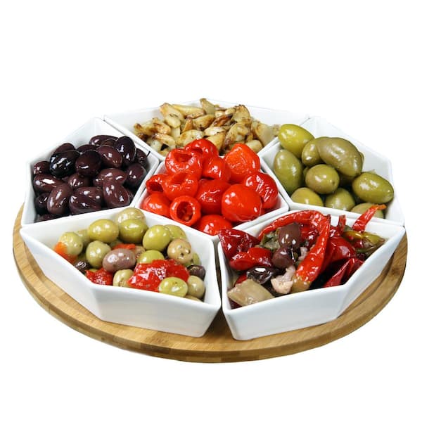 6-Compartment White Lazy Susan Appetizer and Condiment Server Set