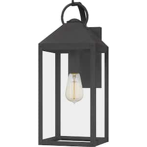 Thorpe 8 in. 1-Light Mottled Black Outdoor Wall Lantern Sconce with Clear Tempered Glass