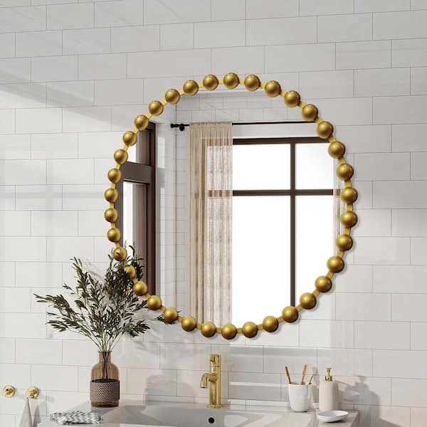 27 in. W x 27 in. H Luxury Round Gold Beaded Metal Frame Decorative Mirror Bathroom Mirror Wall Mirror