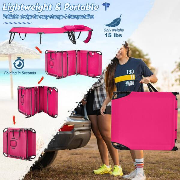 Clihome Metal Foldable Tanning Lounge Beach Chair in Pink