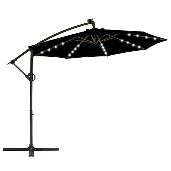 PASAMIC 10 ft. Solar LED Patio Offset Umbrella Outdoor Cantilever Umbrella Black