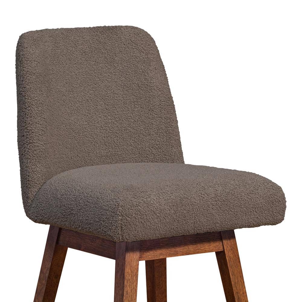 Brown Oak Wood Swivel Counter Stool with Taupe Boucle Fabric