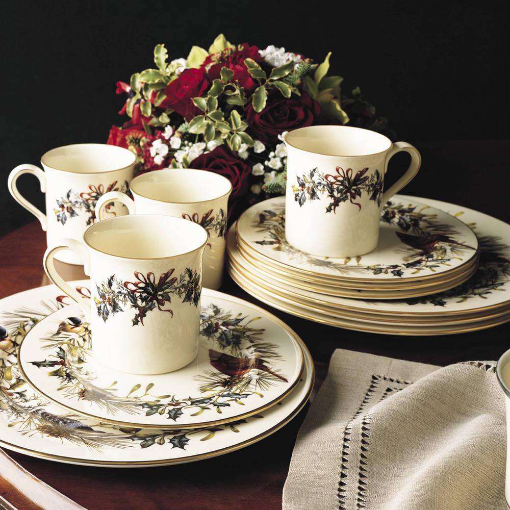 Winter Greetings Ivory Porcelain 12-Piece Dinnerware Set with Gold Trim