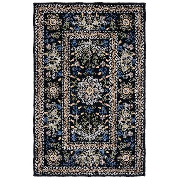 SAFAVIEH Micro-Loop Black/Green 5 ft. x 8 ft. Floral Border Area Rug