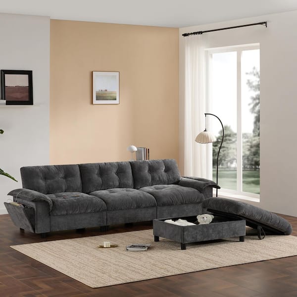 104 in. Unique Tufted Chenille L-Shape Sectional Sofa in Dark Gray with Dual-Port Charging, Cup Holder, Ottoman