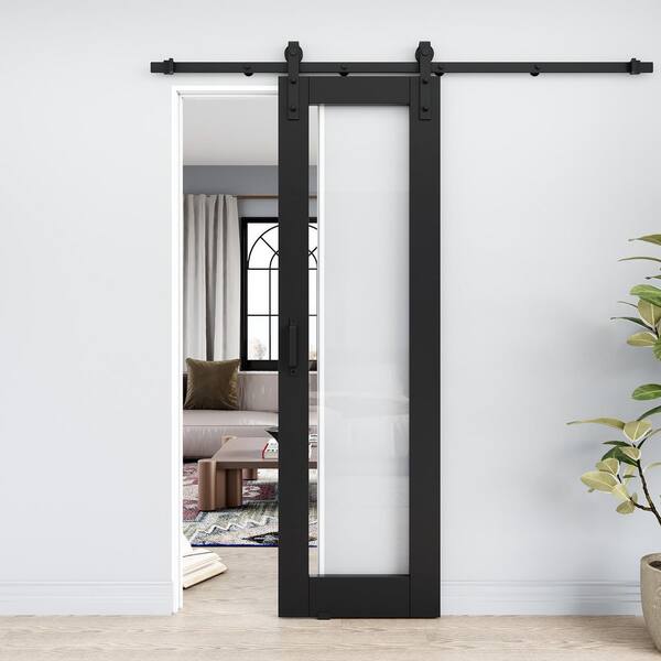 24 in. x 80 in. 1-Lite Frosted Glass Black Finished MDF Assembly Required Sliding Barn Door with Hardware Kit