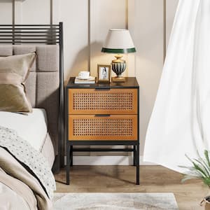 Fenley Black 2-Drawer 20 in. Width Nightstand, Vintage Bedside Table with Rattan Drawers