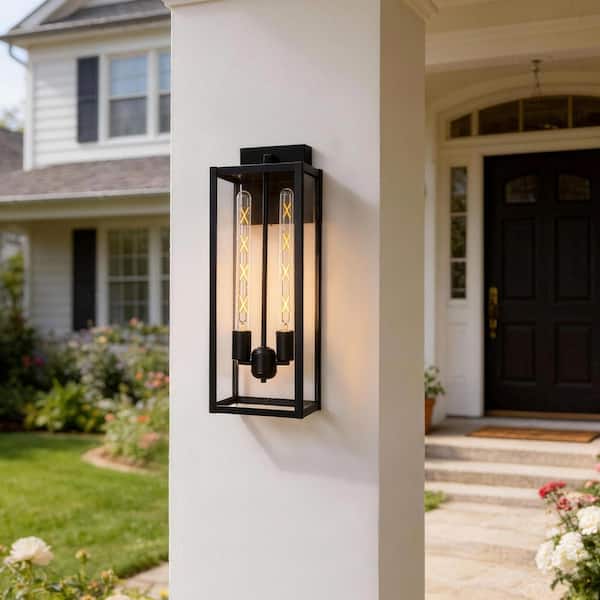 20.5 in. Large Outdoor Lighting Fixture 2-Light Black Hardwired Sconce Lantern