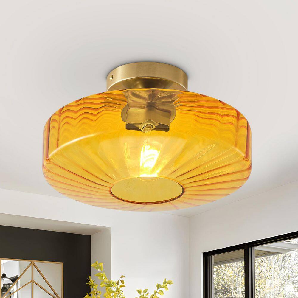 1.81 in. 1-Light Gold Modern Vintage Amber Textured Glass Round Drum Semi-Flush Mount Ceiling Light price history on PriceWatchPro
