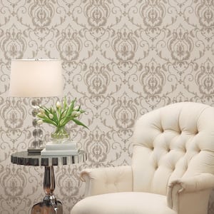 Ornamenta 2-Dark Beige/Greige Detailed Damask Non-Pasted Vinyl on Paper Material Wallpaper Roll (Covers 57.75 sq.ft.)