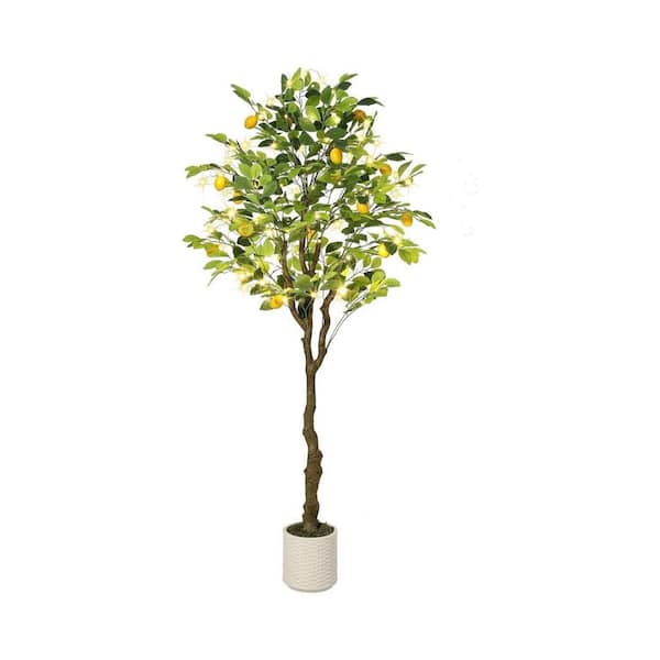 6 ft. Artificial Lemon Tree, Fake Lemon Plant with Lights, Realistic Trunk and Fruits with White Pot