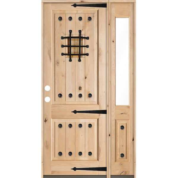 Krosswood Doors 56 in. x 96 in. Mediterranean Alder Sq Clear Low-E Unfinished Wood Right-Hand Prehung Front Door/Right Half Sidelite