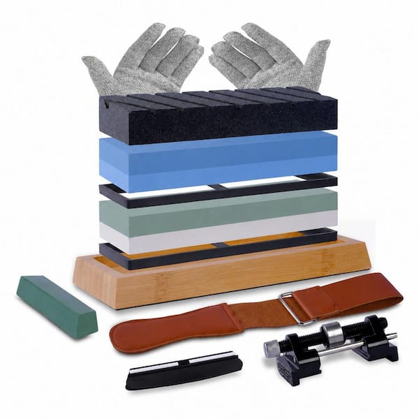Stainless Steel 4-Sided Whetstone Knife Sharpening Stone Set with 400/1000/3000/8000 Grit, Bamboo Base and Angle Guide