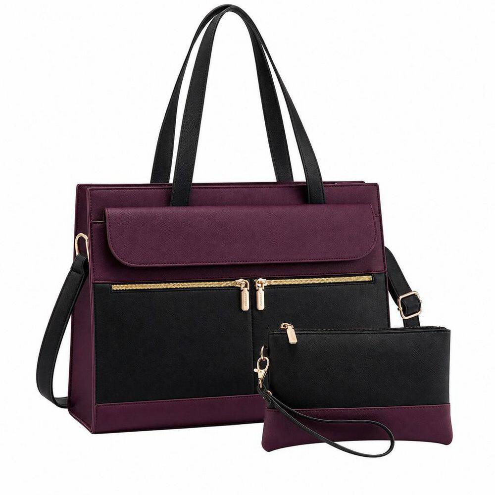 Vintage Purple Cross Pattern PU Leather, Waterproof, Multi-Pocket, Laptop Tote Bag with 15 in. Laptop Compartment