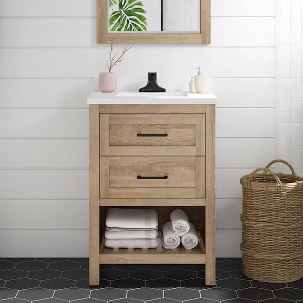 Autumn 24 in. Single Sink Weathered Tan Bath Vanity with White Engineered Stone Top (Assembled)