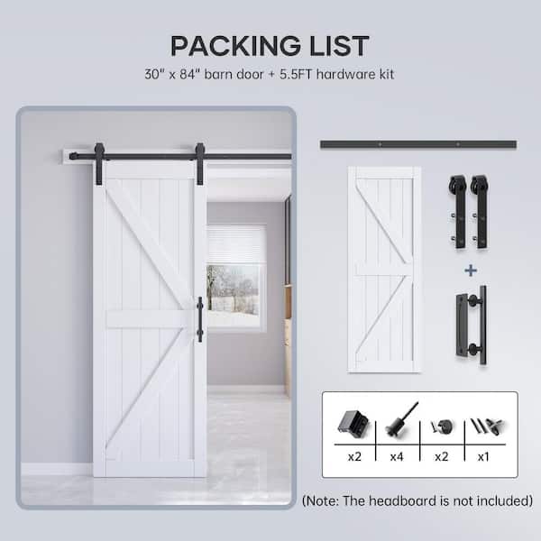 30 in. x 84 in. British K Shape White MDF Sliding Barn Door with Hardware Kit