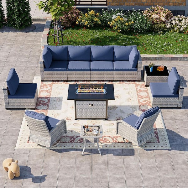 muphyers 11-Piece Wicker Patio Conversation Set with Fire Pit Table and Top Table. Swivel Rocking Chairs with Navy Blue Cushions