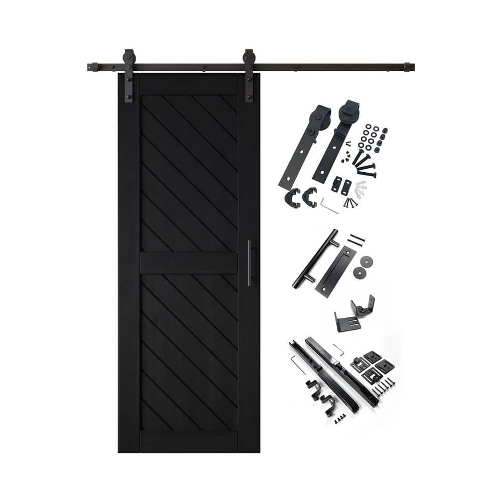XT2 26 in. x 80 in. C-Panel Black Slanted Stripe Design Solid Pine Wood Sliding Barn Door with Hardware Kit price history on PriceWatchPro