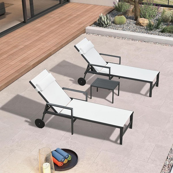 PURPLE LEAF Black Frame Lounge of 2-Pieces Aluminum Outdoor Chaise Lounge with Cushion and Armrests, White