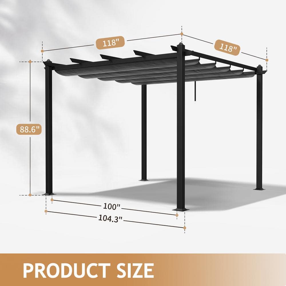 10 ft. x 10 ft. Gray Metal Patio Pergola with Retractable Canopy