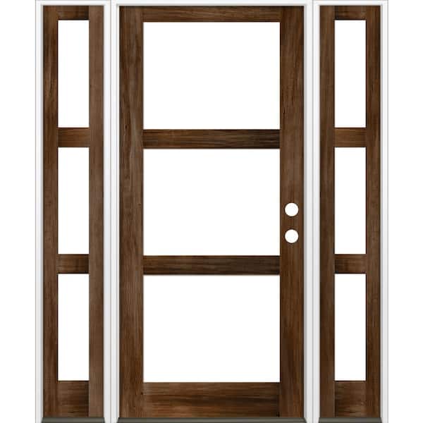 Krosswood Doors 70 in. x 96 in. Modern Hemlock Left-Hand/Inswing 3-Lite Clear Glass Provincial Stain Wood Prehung Front Door with DSL