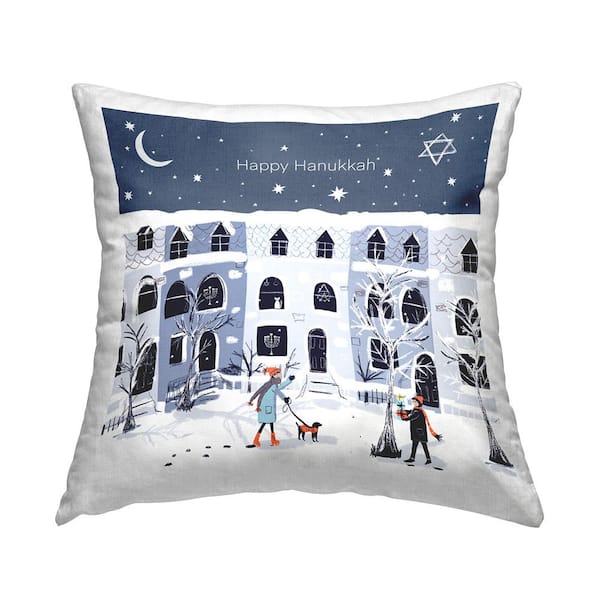 Happy Hanukkah Winter Neighborhood Blue Print Polyester 18in. X 18in. Throw Pillow
