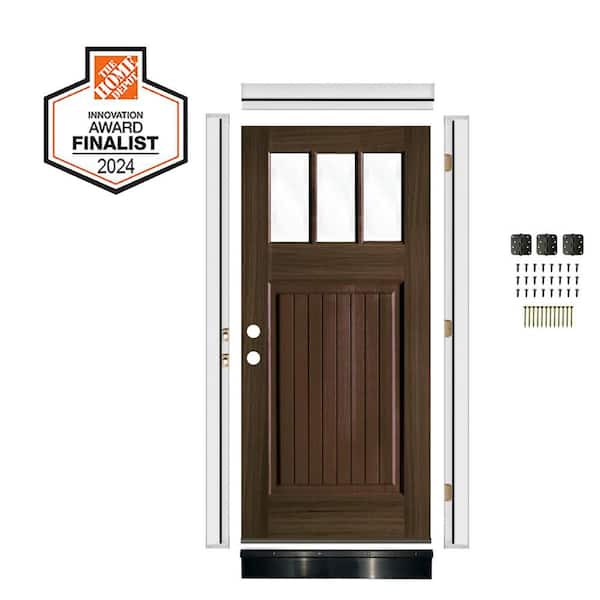DIY RTA Kit 36 in. x 80 in. Right-Hand/Inswing 3-Lite Clear Glass Black Stain Hemlock Wood Front Door w/ VG