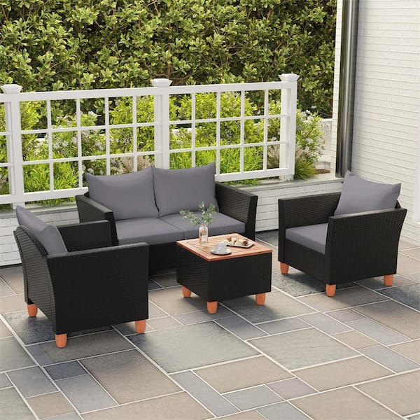 4-Piece Wicker Patio Conversation Set with Removable Gray Cushions Storage Coffee Table