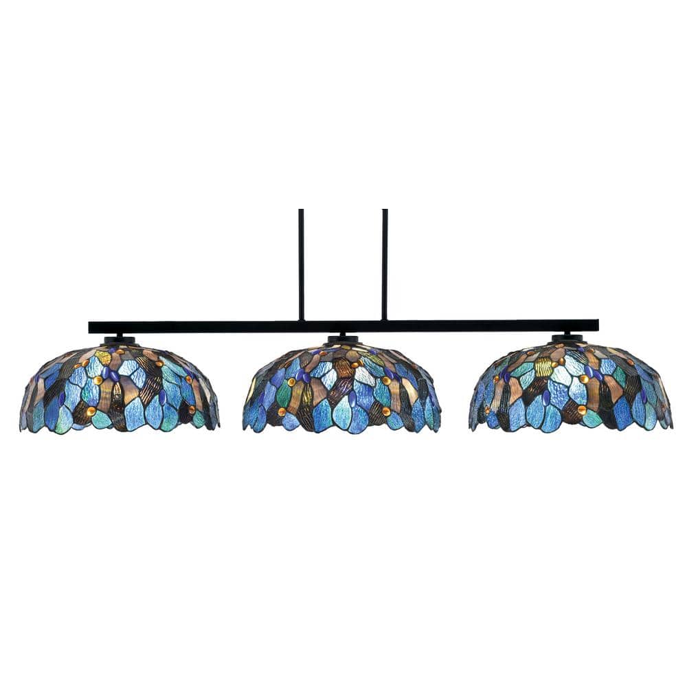 Cottonwood 3-Light Matte Black Light Chandelier with Blue Mosaic Art Glass 