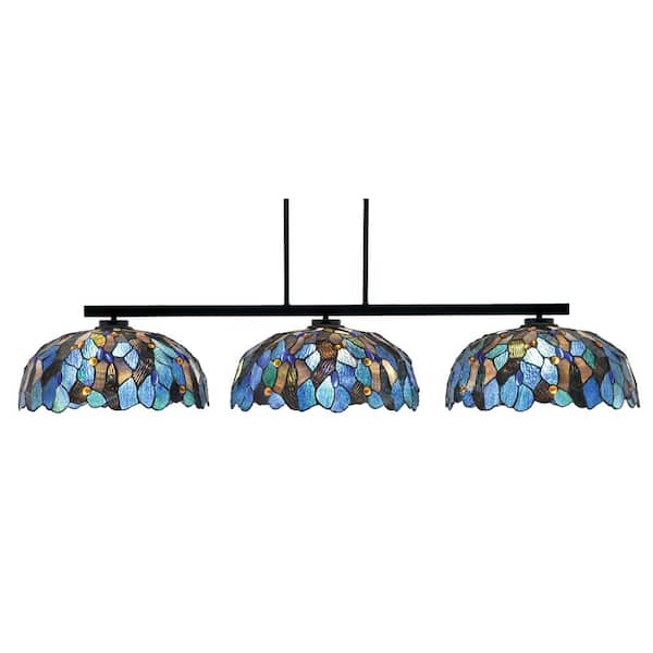 Unbranded Cottonwood 3-Light Matte Black Light Chandelier with Blue Mosaic Art Glass Shades