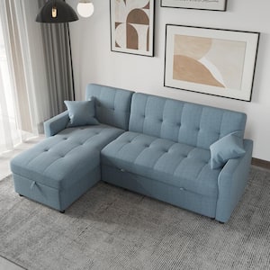 81.9 in. W Blue Cotton Queen Size 4-Seats Reversible Pull out Sleeper Sectional Storage Sofa Bed