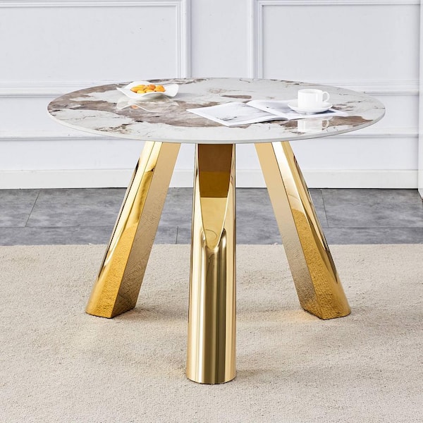 White/Gray/Gold 42 in. W Burnt Stone with Marble Texture 3-Legs Dining Table with Silver Stainless Steel Legs Seats 4