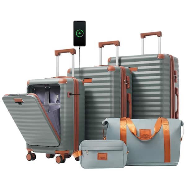 5 Bags 5-Piece Blue and Gray Expandable ABS Hardside Luggage Set with Duffel/Toiletry Bag, USB Ports, Front Opening