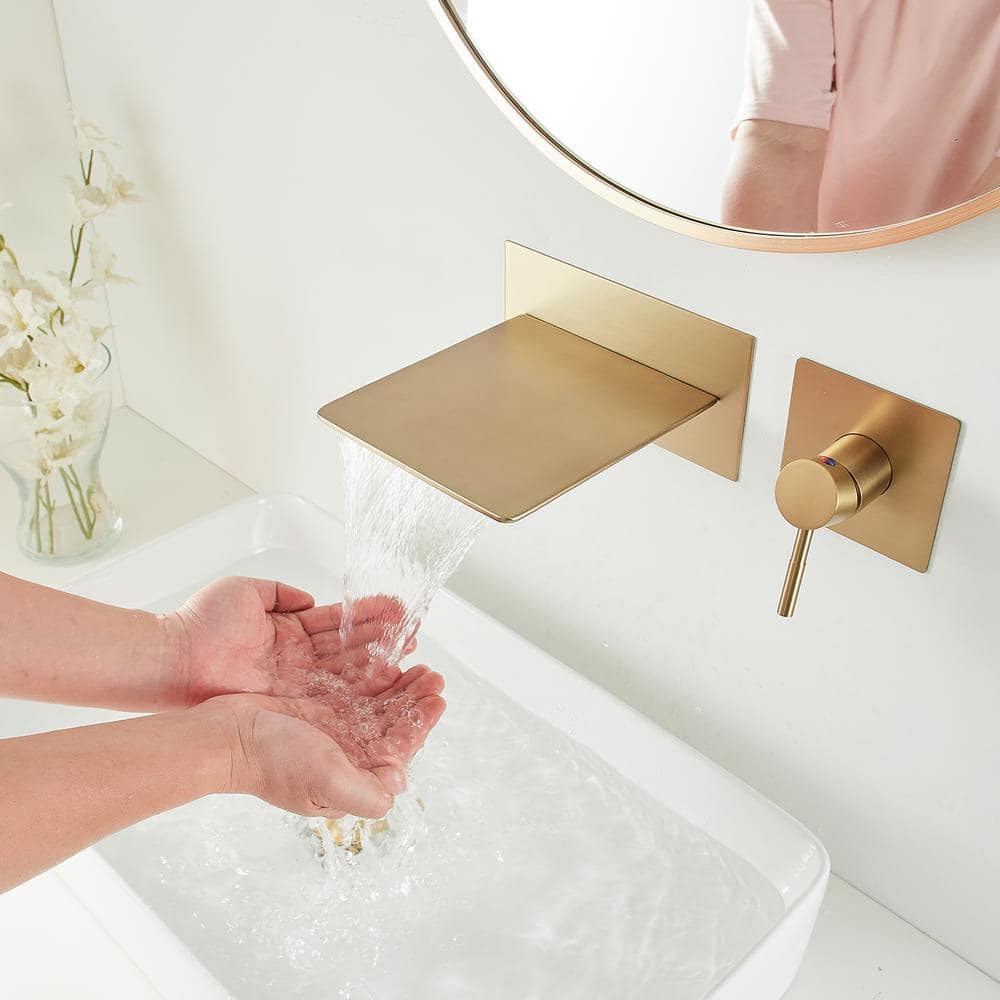 Brushed Gold Wall-Mount Single-Handle Bathroom Faucet with Shelf