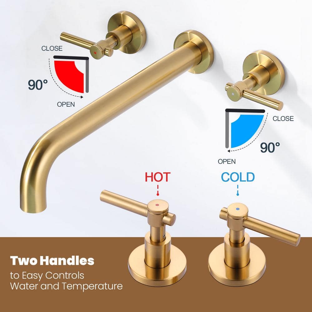 Brushed Gold Wall Mount Tub Filler Faucet with Lever Handles