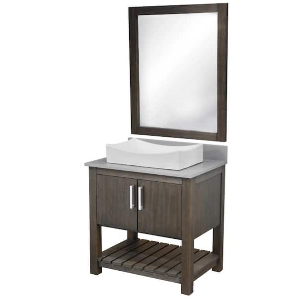 Novatto Ocean Breeze 31 in. W. x 22 in. D x 31 in. H One White Porcelain Sink CH Bath Vanity Cafe with Grey Quartz Top +Mirror