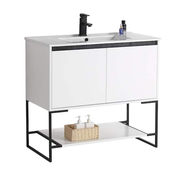 FINE FIXTURES Urbania 36 in. W x 18.5 in. D x 33.5 in. H Bath Vanity in Matt White with Ceramic Vanity Top in White with White Basin
