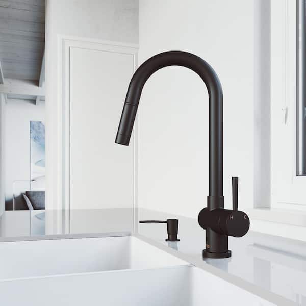 VIGO Gramercy Single Handle Pull-Down Spout Kitchen Faucet Set with Soap Dispenser in Matte Black